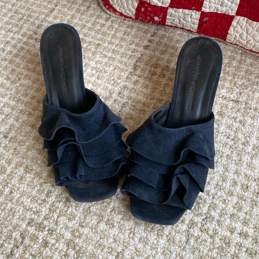 Creatures of comfort Navy suede ruffle block heel
